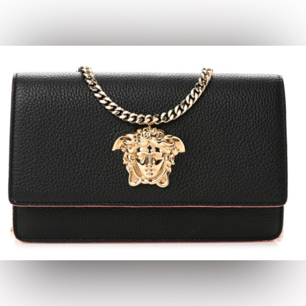 AUTHENTIC VERSACE |Grained Calfskin Palazzo Chain Evening bag black &flamingo |